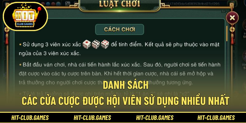 Danh sách các cửa cược được hội viên sử dụng nhiều nhất